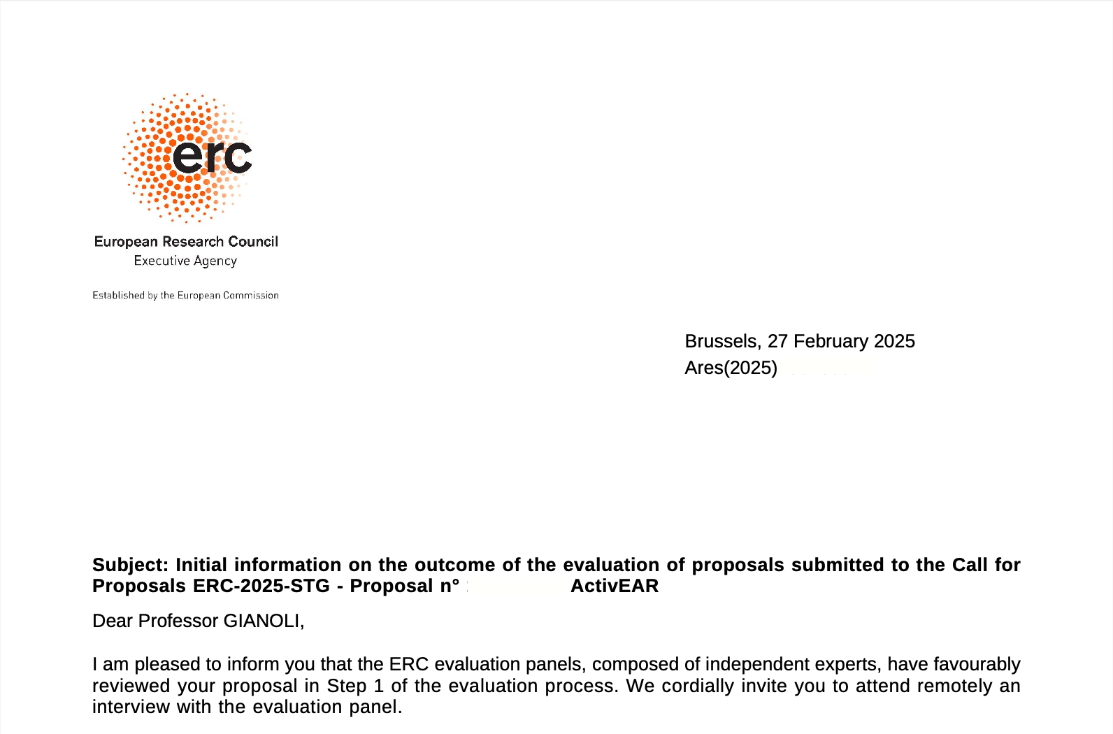 ActivEAR — ERC Stage 2 milestone